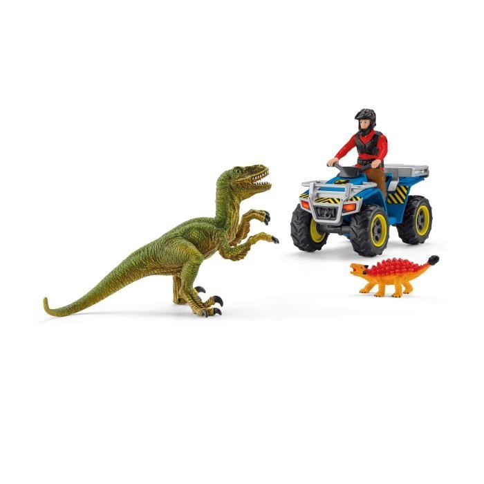 Fuite sur quad face au vélociraptor - Ensemble de Jouets Préhistoriques de 5 Pieces pour Garçons et Filles a Partir