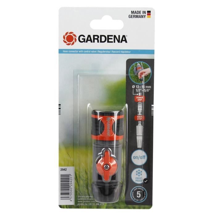 GARDENA Raccord régulateur  Compatible tuyaux Ø13mm & Ø15mm  Réglage débit & pression  Résistant gel  Garantie 5 ans (2942-20) - Paloma Tech