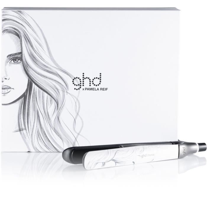 Outil de coiffure blanc et argent avec logo ghd, Lisseur Chronos de Pamela Reif