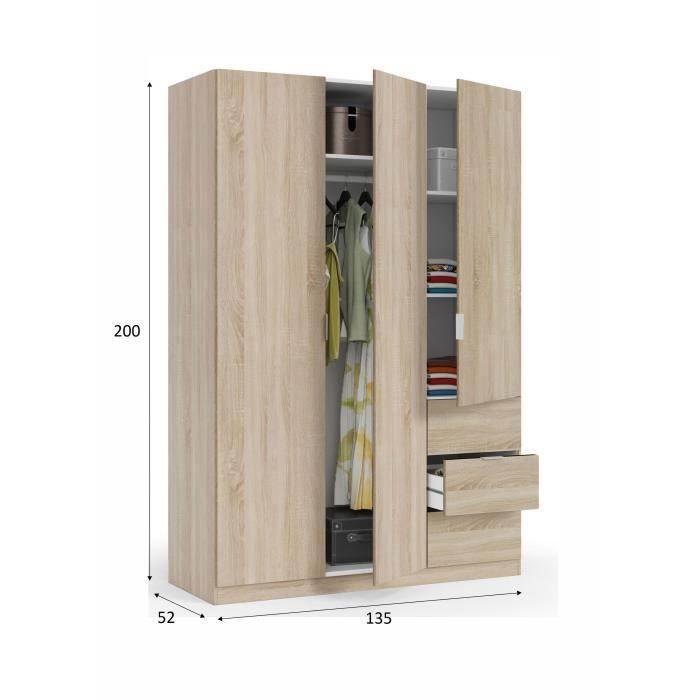 GLORIA Armoire de chambre style contemporain mélaminée décor chene canadien - L 135 cm - Paloma Tech