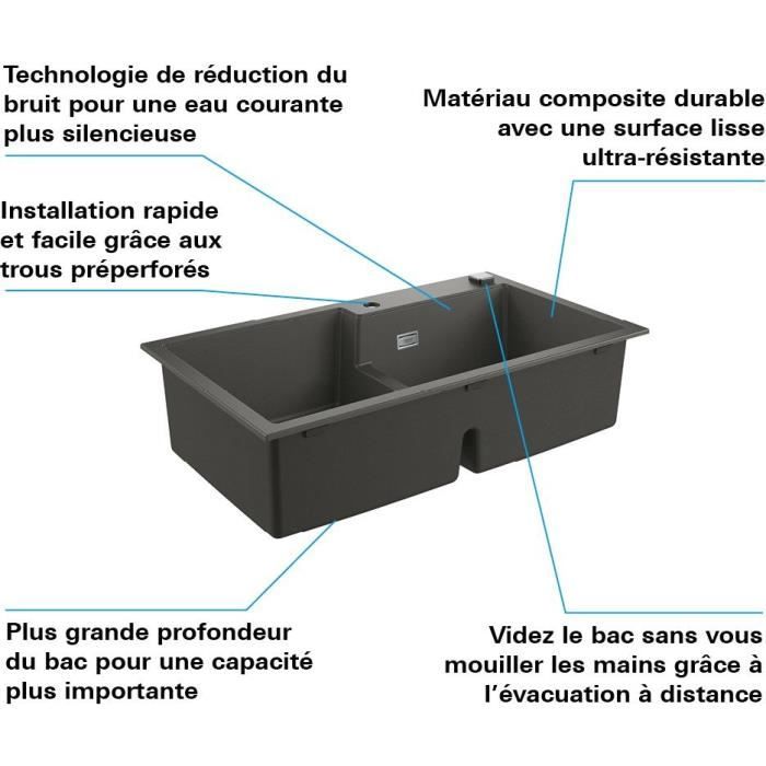 GROHE Evier de cuisine composite avec égouttoir K500 860 x 500 mm 2 bacs siphon et bonde inclus installation rapide