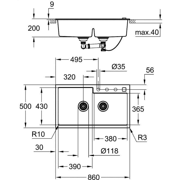 GROHE Evier de cuisine composite avec égouttoir K500 860 x 500 mm 2 bacs siphon et bonde inclus installation rapide