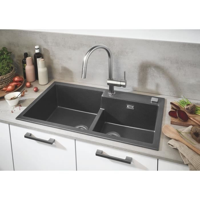 GROHE Evier de cuisine composite avec égouttoir K500 860 x 500 mm 2 bacs siphon et bonde inclus installation rapide