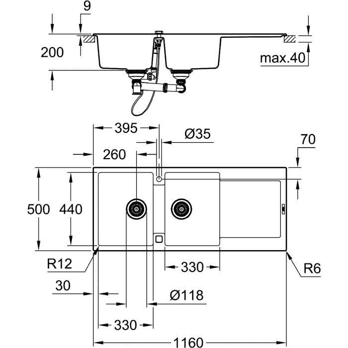 Diagramme technique du Évier en composite K500 31647AP0 avec mesures détaillées