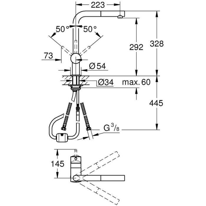 GROHE Mitigeur évier Minta 32168000 - Douchette extractible - Bec L - Bec tube pivotant 360° - Clapet anti-retour