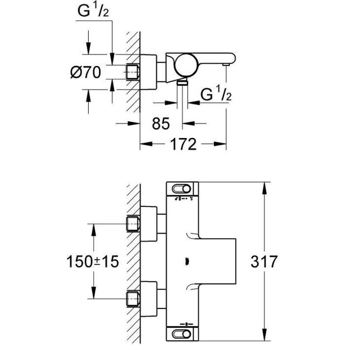 GROHE Mitigeur mural thermostatique bain/douche ½ Grohtherm 2000 34174001 - Jet cascade - Limiteur de température