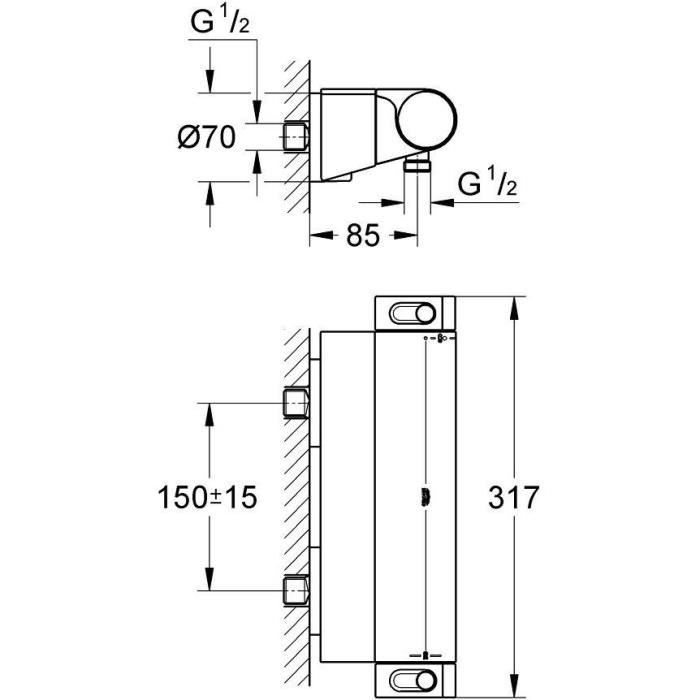 Diagramme technique mitigeur thermostatique douche GROHE 34469001 avec dimensions