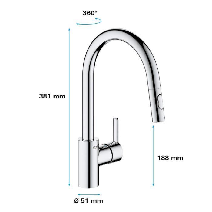 GROHE Robinet de cuisine évier Feel douchette extractible rotation 360° bec en U inverseur 2 jets mitigeur cuisine