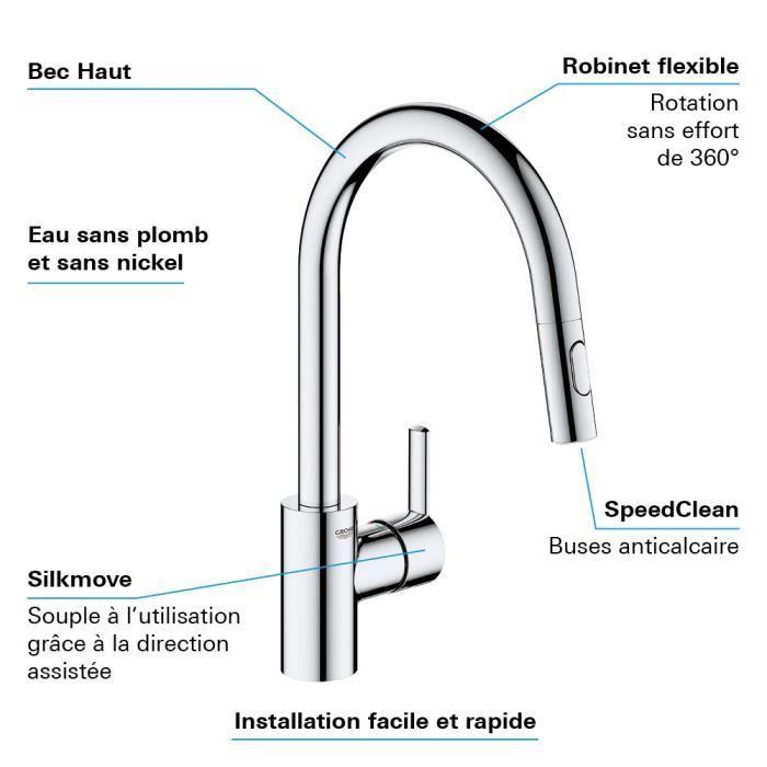 GROHE Robinet de cuisine évier Feel douchette extractible rotation 360° bec en U inverseur 2 jets mitigeur cuisine