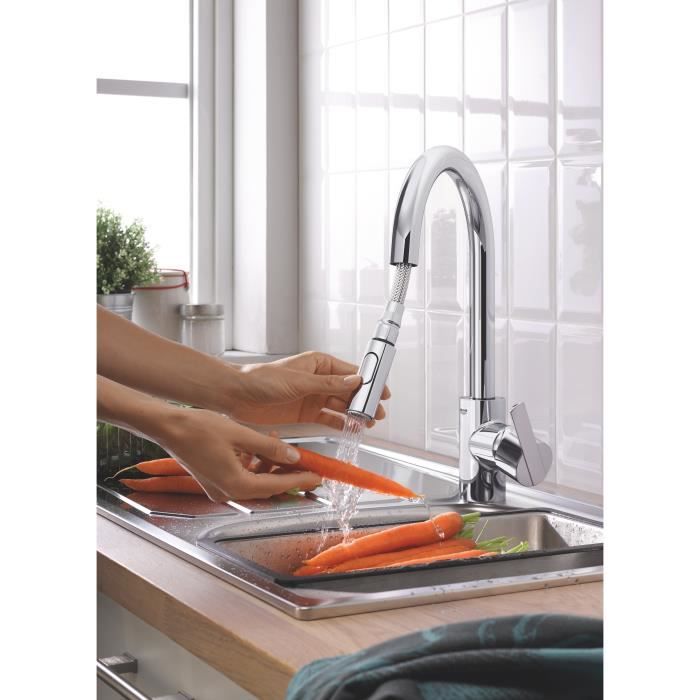 GROHE Robinet de cuisine évier Feel douchette extractible rotation 360° bec en U inverseur 2 jets mitigeur cuisine