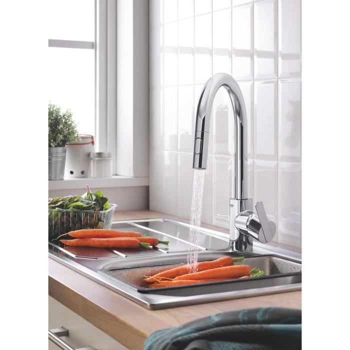 GROHE Robinet de cuisine évier Feel douchette extractible rotation 360° bec en U inverseur 2 jets mitigeur cuisine