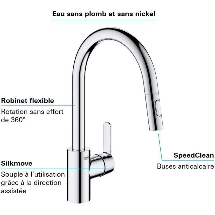 GROHE Robinet de cuisine évier Get robinet avec douchette extractible bec en forme de U inverseur 2 jets Supersteel