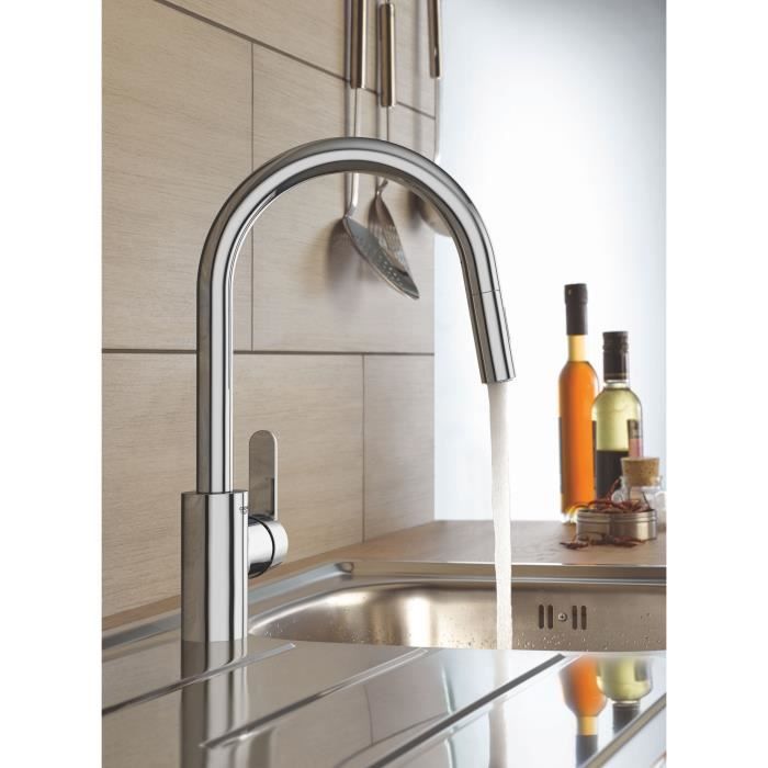 GROHE Robinet de cuisine évier Get robinet avec douchette extractible bec en forme de U inverseur 2 jets Supersteel