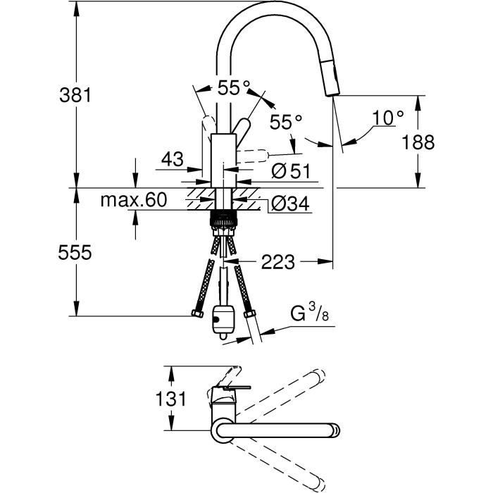 GROHE Robinet de cuisine évier Get robinet avec douchette extractible bec en forme de U inverseur 2 jets Supersteel