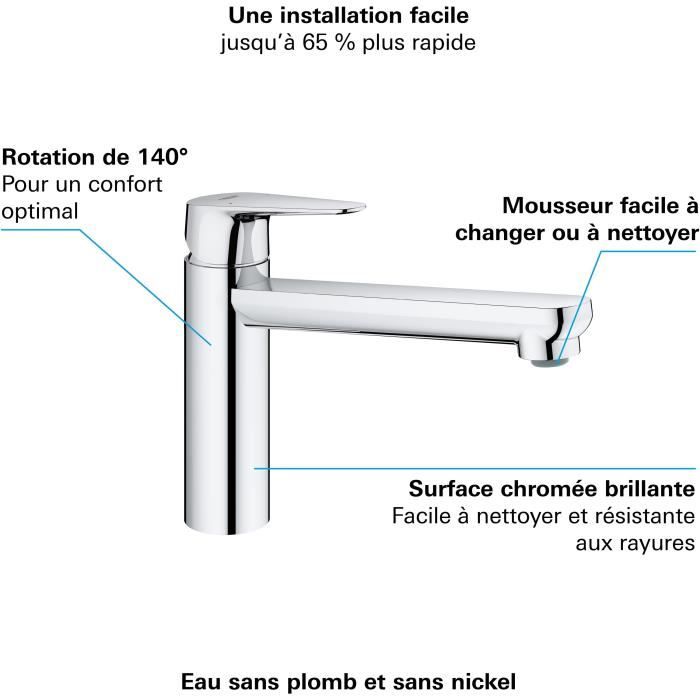 GROHE Robinet évier de cuisine Start curve mousseur économique d’eau sans tirette de vidage bonde de vidage