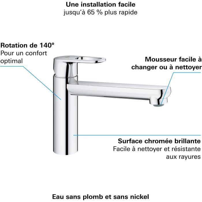 GROHE Robinet évier de cuisine Start Flow mitigeur monocommande avec mousseur économique d’eau rotation 140°