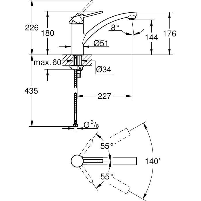 GROHE Robinet évier de cuisine Swift Mitigeur monocommande avec mousseur économique d’eau rotation a 140° 30358000