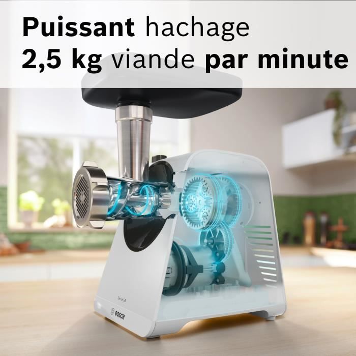 Hachoir a viande - BOSCH - MFWS420W Série 4 - Blanc - 500 W - moteur bloqué 1900 W - 2,5 kg/mn - 2 vitesses - 2