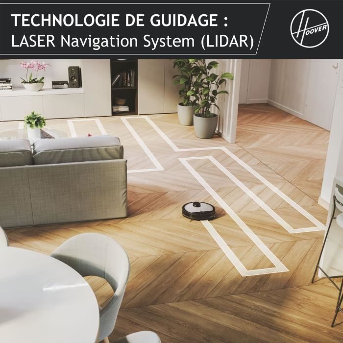 Aspirateur robot à navigation laser Hoover HG510D parcourant une pièce avec efficacité