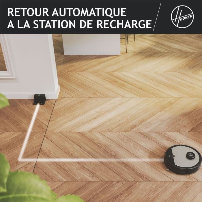 Aspirateur robot à navigation laser Hoover HG510D sur un sol en bois chevron