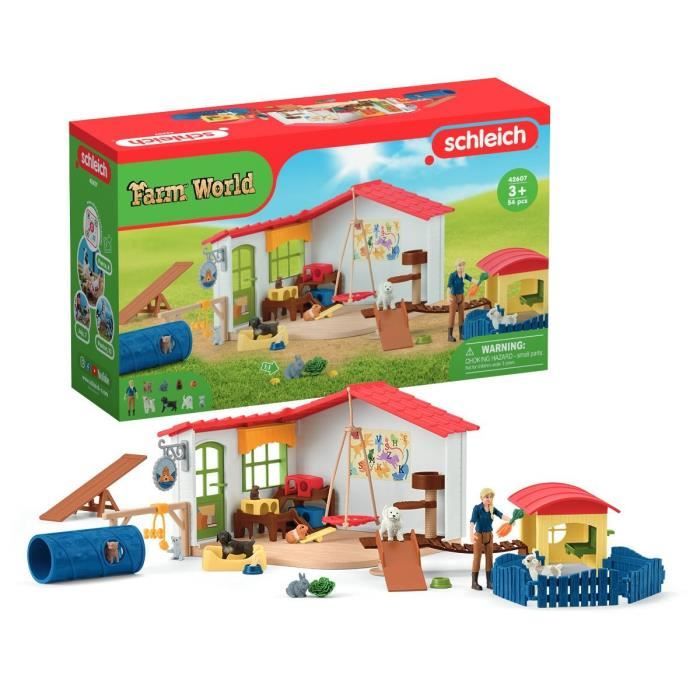 Hôtel des Animaux de la Ferme - Grand coffret de 54 Pieces de Jouets Schleich avec Chien Chat Lapin Accessoires