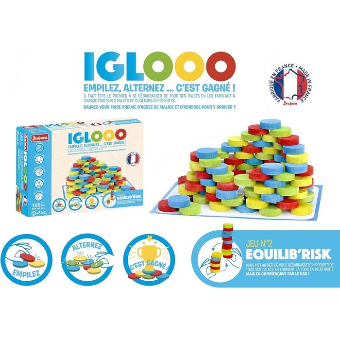 Iglooo 100 Pieces - JEUJURA - Jeu d’Adresse et de Logique avec Palets et Tapis Regles des Jeux Incluses