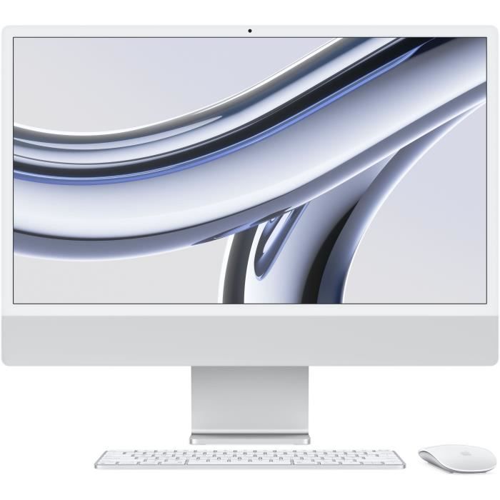 iMac Apple iMac 24 ecran retina 4,5K 256Go SSD 8Go RAM Puce M3 CPU 8 coeurs GPU 10 coeurs Argent Nouveau