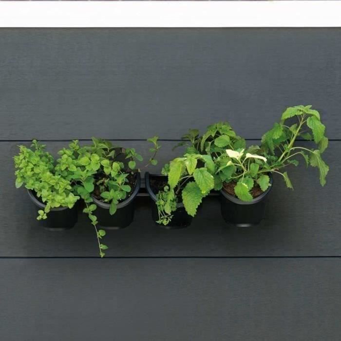 Jardiniere murale - Kit mural composé d'un support mural et de 4 pots (1 L) - Noir - Dim H 15 x L 60 cm - NATURE - Paloma Tech