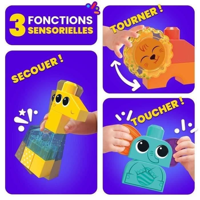 Jeu de construction SAFARI DES SENS MEGABLOKS - Girafe clochette lion billes et éléphant oreille souple