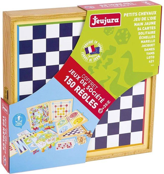 JEUJURA Coffret de Jeux classiques - 150 regles - Pions bois