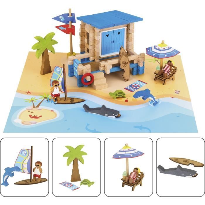 Journée a la Plage 120 Pieces - JEUJURA - Jeu de Construction en Bois Naturel Tapis et Accessoires Inclus 32x27x11 cm