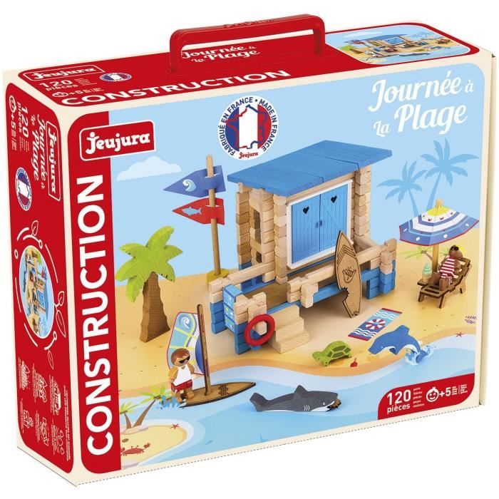 Journée a la Plage 120 Pieces - JEUJURA - Jeu de Construction en Bois Naturel Tapis et Accessoires Inclus 32x27x11 cm