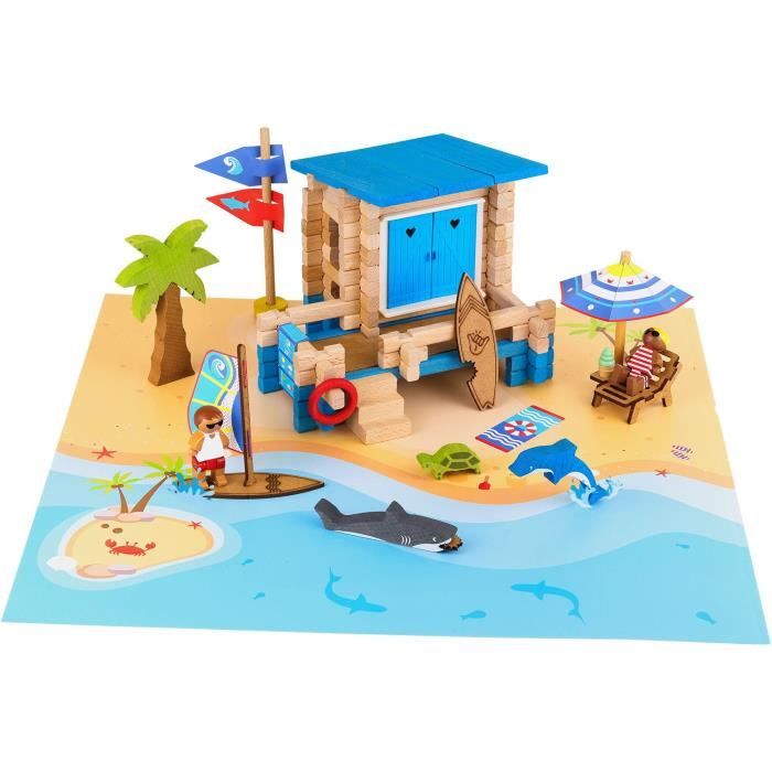 Journée a la Plage 120 Pieces - JEUJURA - Jeu de Construction en Bois Naturel Tapis et Accessoires Inclus 32x27x11 cm