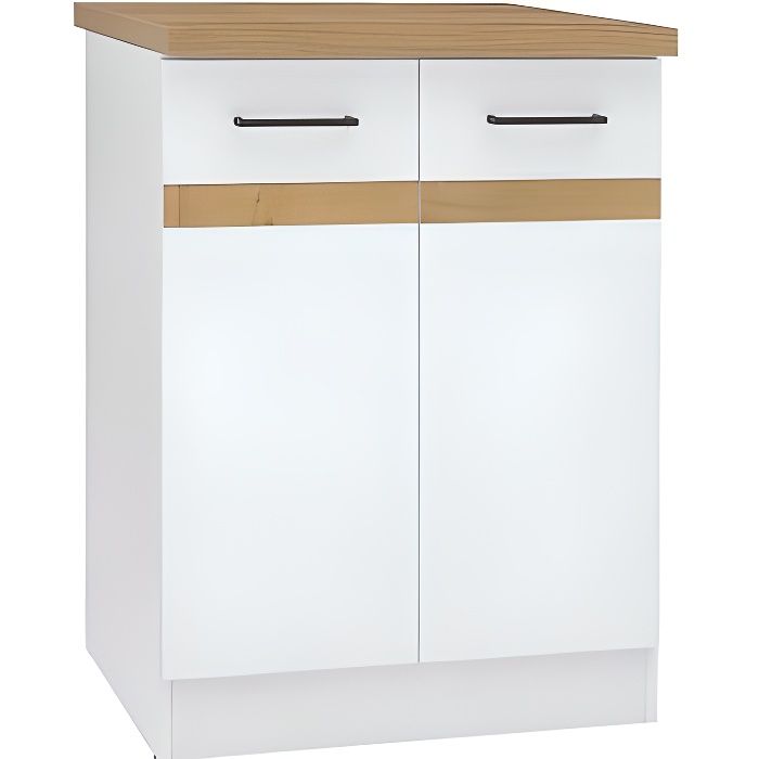 JUNONA Meuble bas de cuisine 60 cm - 2 Portes - Plan de travail - Blanc brillant