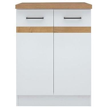 JUNONA Meuble bas de cuisine 60 cm - 2 Portes - Plan de travail - Blanc brillant