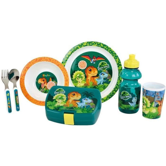 JURASSIC WORLD - Lot vaisselle pour enfant avec verre assiette creuse assiette couverts gourde et boite gouter