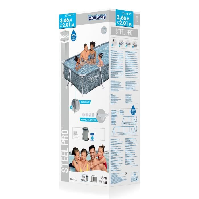 Kit Piscine hors sol tubulaire BESTWAY - Steel Pro - 366 x 201 x 66 cm - Rectangulaire (Inclus épurateur a Cartouche)