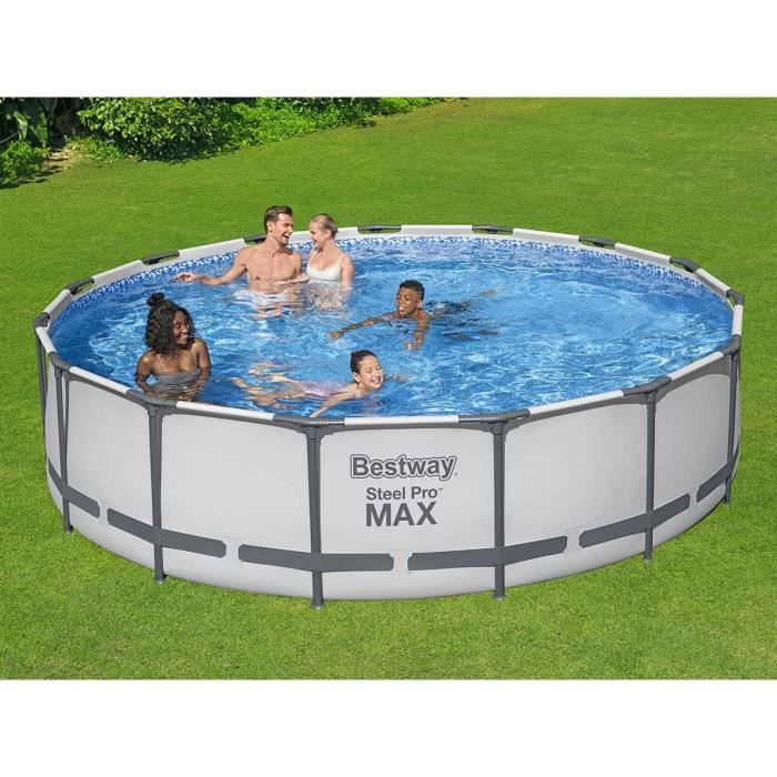 Kit Piscine hors sol tubulaire BESTWAY Steel Pro Max- 457 x 107 cm - Ronde (Avec pompe de filtration échelle + bâche)