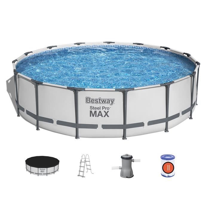 Kit Piscine hors sol tubulaire BESTWAY Steel Pro Max- 457 x 107 cm - Ronde (Avec pompe de filtration échelle + bâche)