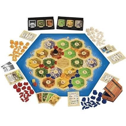 Configuration de jeu pour Catan avec plateau hexagonal et pièces de joueurs