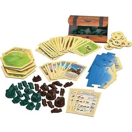 Composants de jeu de société Catan: cartes, jetons, tuiles hexagonales, coffre en bois