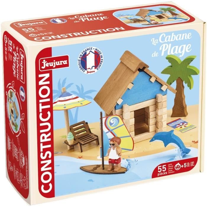 La Cabane de Plage 55 Pieces - JEUJURA - Jeu de Construction en Bois Naturel Tapis et Accessoires Inclus 22x18,5x8,5 cm