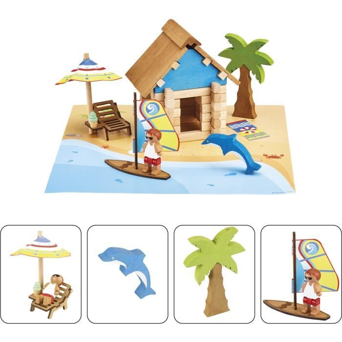 La Cabane de Plage 55 Pieces - JEUJURA - Jeu de Construction en Bois Naturel Tapis et Accessoires Inclus 22x18,5x8,5 cm