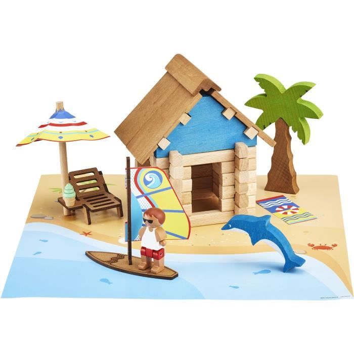 La Cabane de Plage 55 Pieces - JEUJURA - Jeu de Construction en Bois Naturel Tapis et Accessoires Inclus 22x18,5x8,5 cm