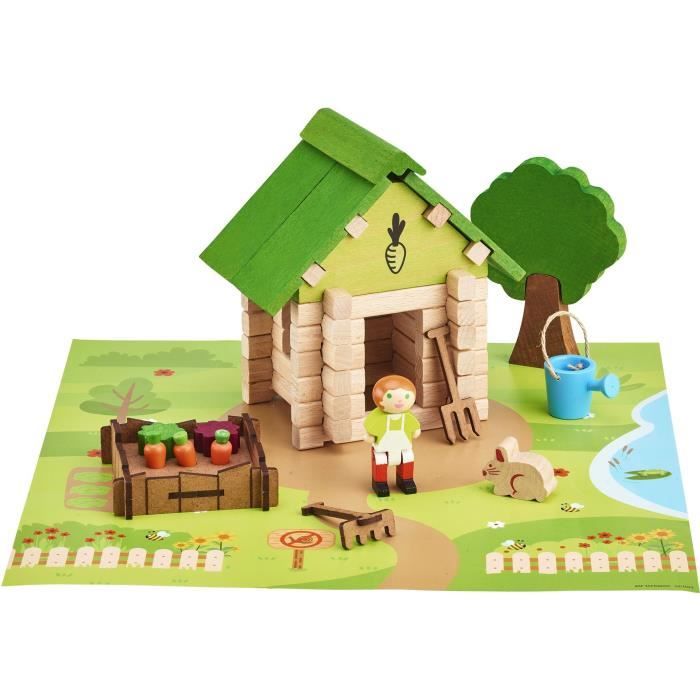 La Cabane du Jardinier 60 Pieces - JEUJURA - Jeu de Construction en Bois Naturel Tapis et Accessoires Inclus