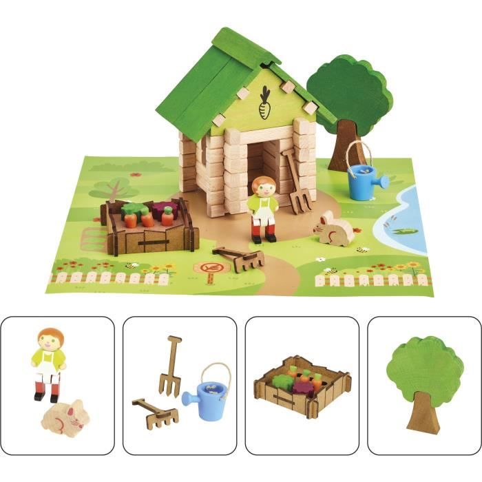 La Cabane du Jardinier 60 Pieces - JEUJURA - Jeu de Construction en Bois Naturel Tapis et Accessoires Inclus