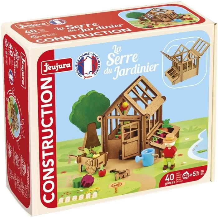 La Serre du Jardinier 40 Pieces - JEUJURA - Jeu de Construction en Bois Naturel Tapis et Accessoires Inclus 22x18,5x8,5