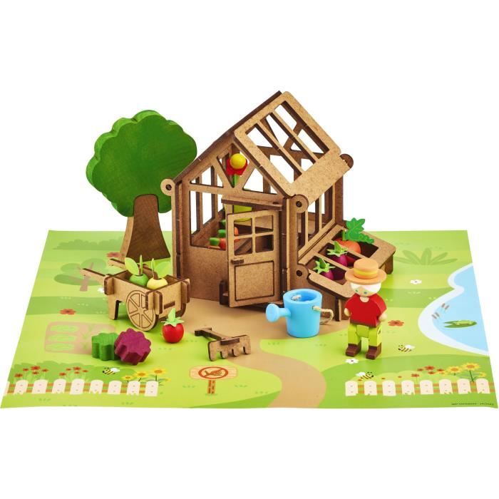 La Serre du Jardinier 40 Pieces - JEUJURA - Jeu de Construction en Bois Naturel Tapis et Accessoires Inclus 22x18,5x8,5