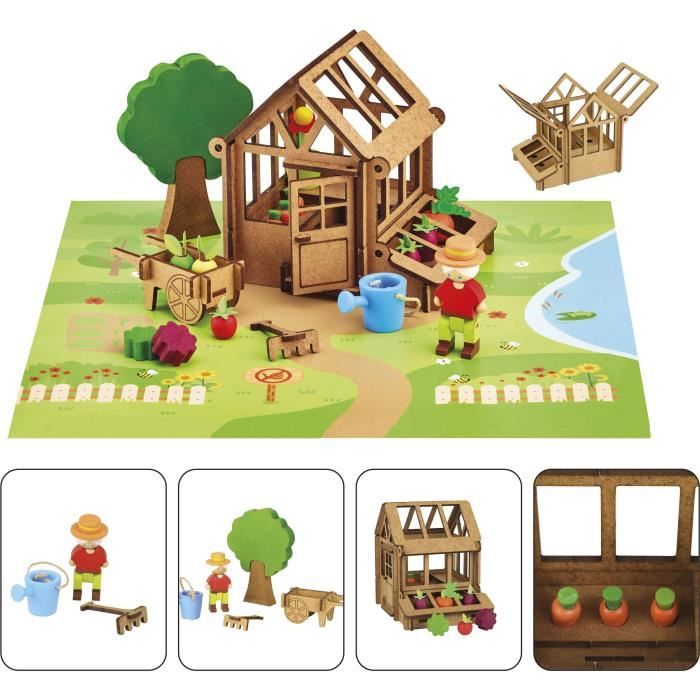 La Serre du Jardinier 40 Pieces - JEUJURA - Jeu de Construction en Bois Naturel Tapis et Accessoires Inclus 22x18,5x8,5