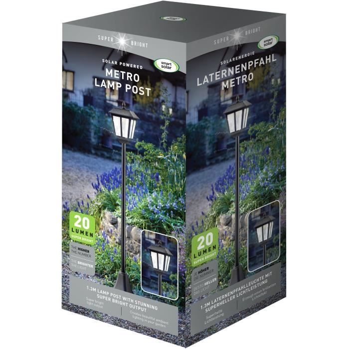 Lampadaire solaire - SMART GARDEN - Metro - 20 lumens - Noir - 130 x 18 cm SMART GARDEN